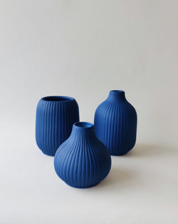 Fluted Navy Trio Ceramic Vase Set