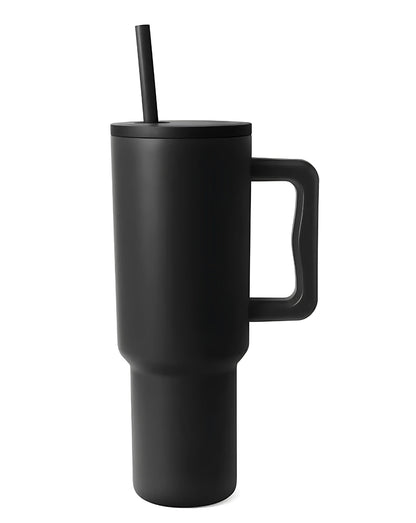 black stainless steel tumbler with handle and straw