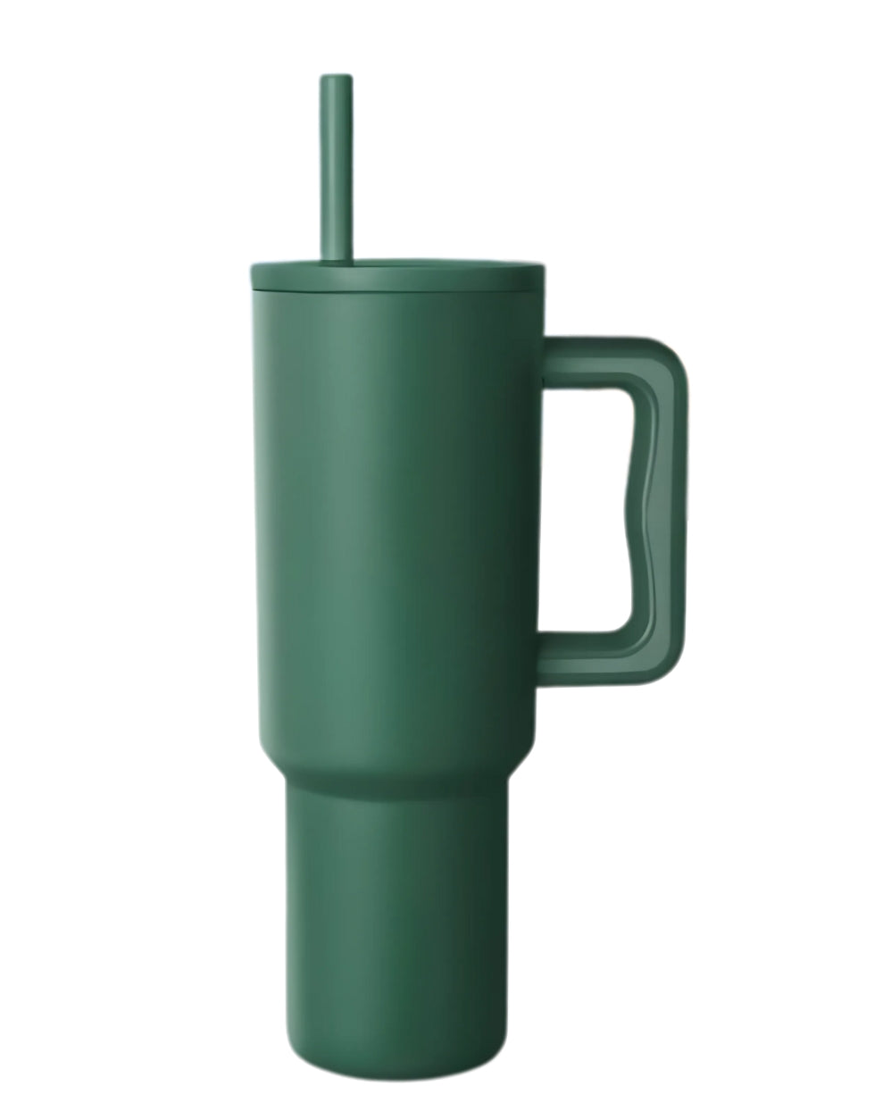 Dark green stainless steel tumbler with handle and straw