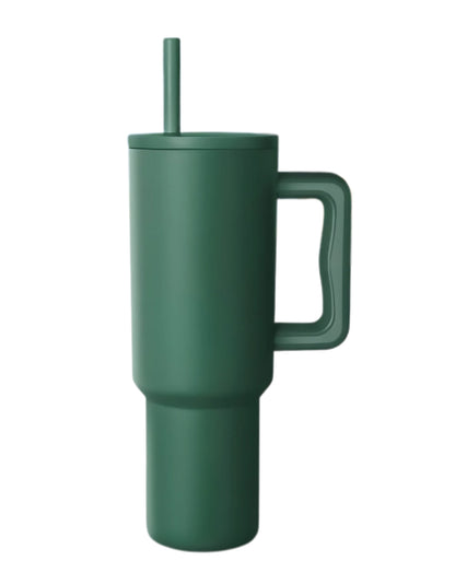 Dark green stainless steel tumbler with handle and straw