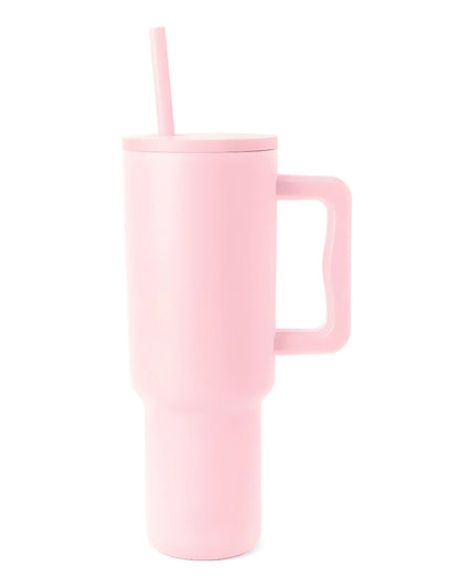 pink stainless steel tumbler with handle and straw